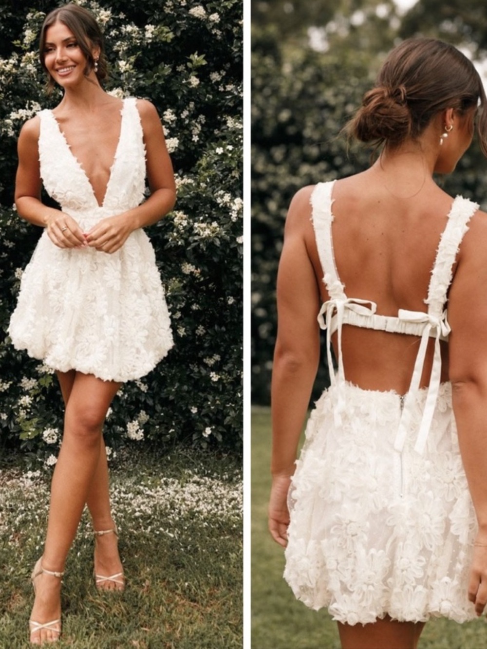 MABLE Deep V Neck Open Back Mini Dress Cream Floral Size Large NEW NWT Bridal